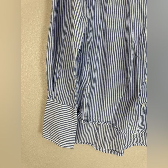 Frame Denim Pleated Clean Collar Blouse Navy Multi Blue White Stripe size Large - Picture 8 of 16